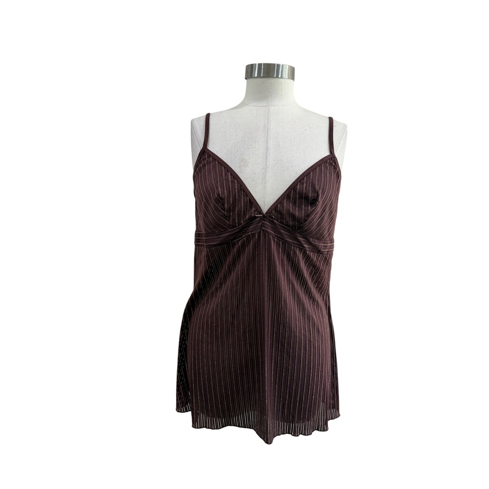 Cabernet Womens XL Brown‎ Gold Metallic Pinstripe Camisole V-Neck Sheer Top